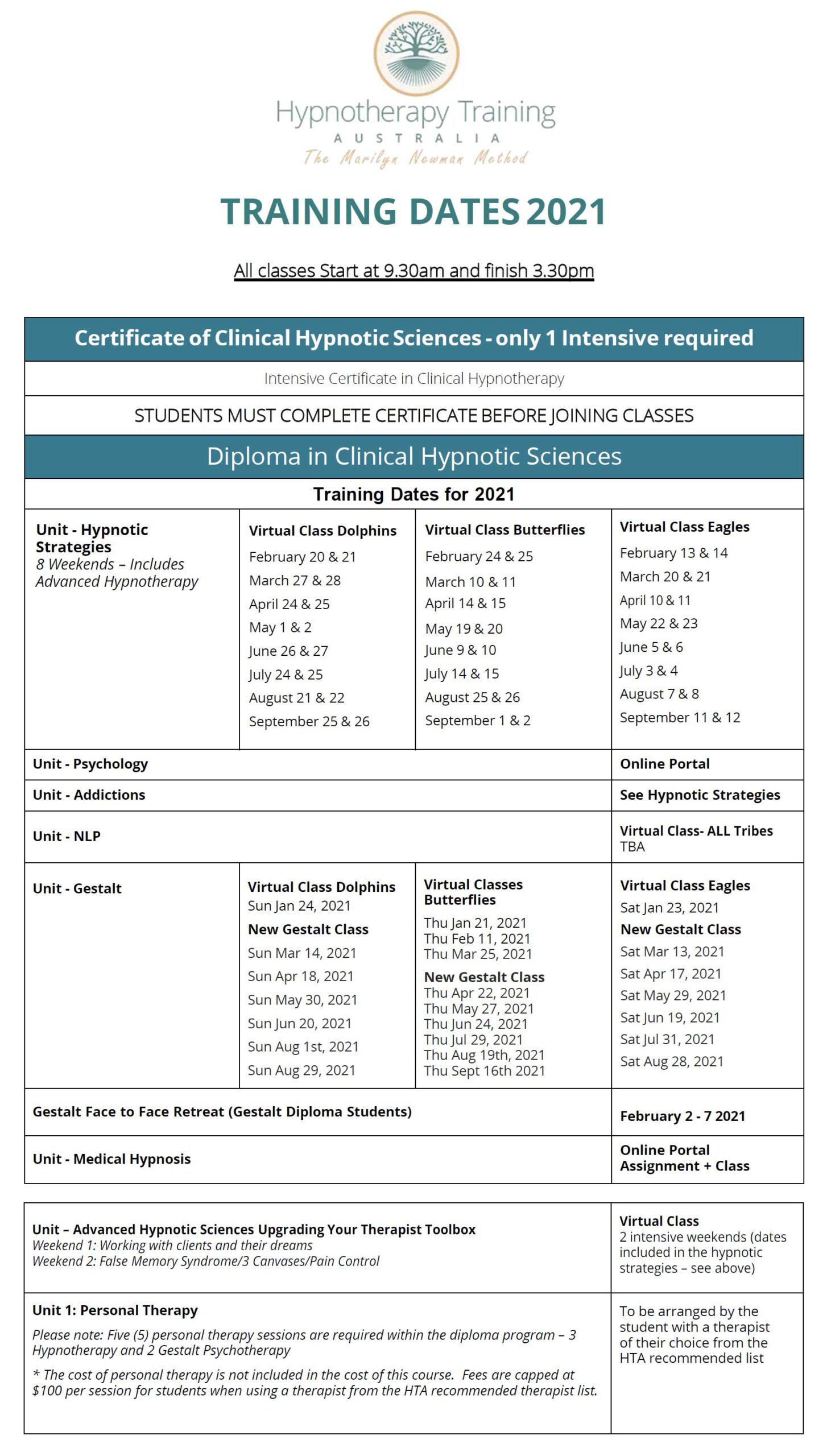 training-dates-2021 hypnotherapy training dates